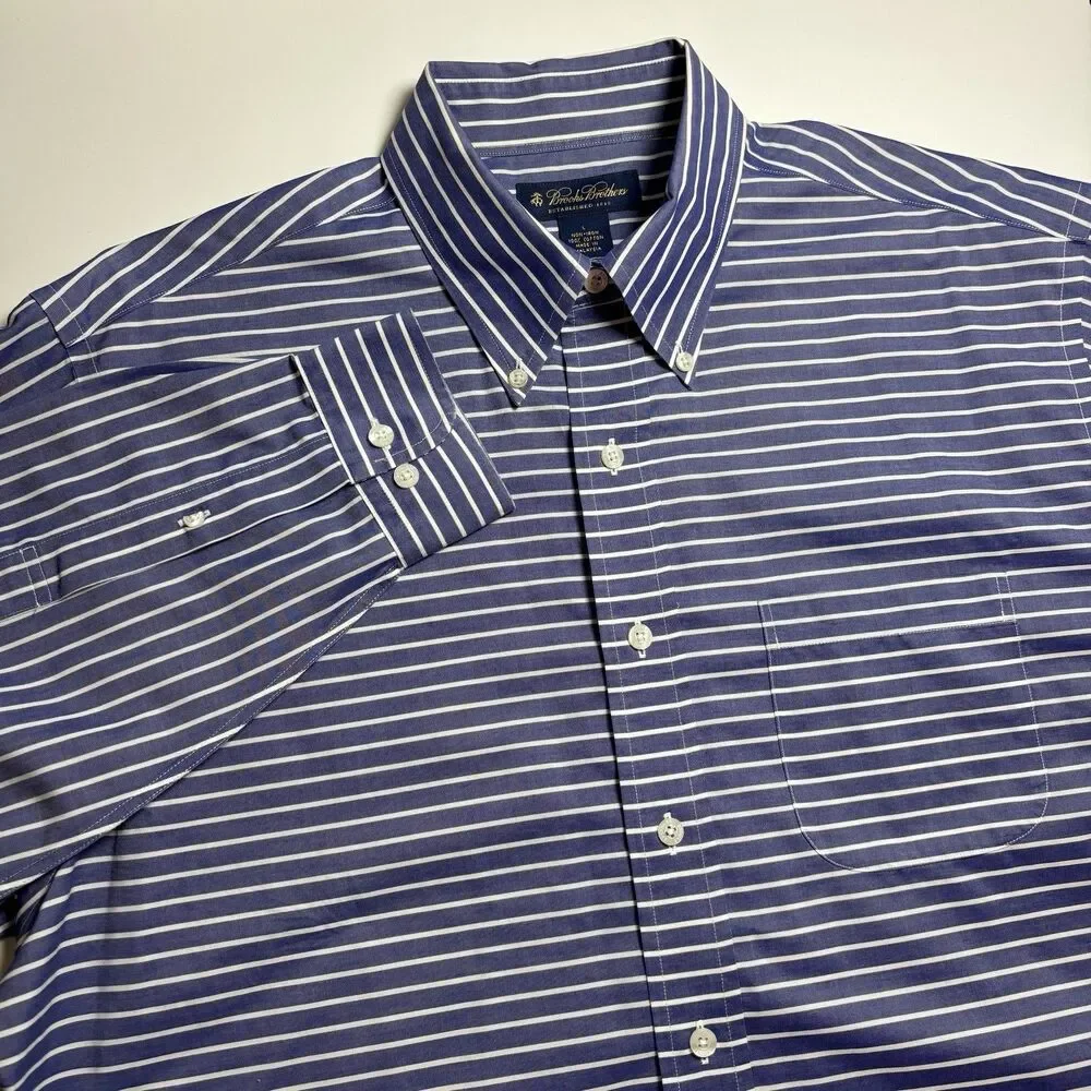 Brooks Brothers Navy Blue Stripped Non iron‎ Men L Button Down Shirt Long Sleeve - Picture 3 of 7